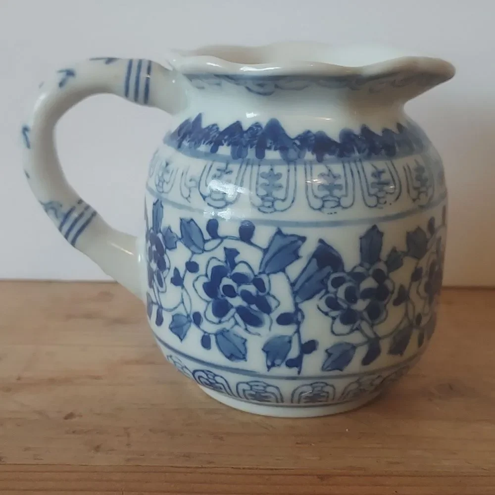 Blue and White Floral Ceramic Pitcher Creamer Vase
